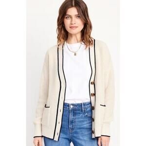Old Navy Cream Navy Relaxed Academia Cardigan Sweater Sz Large L